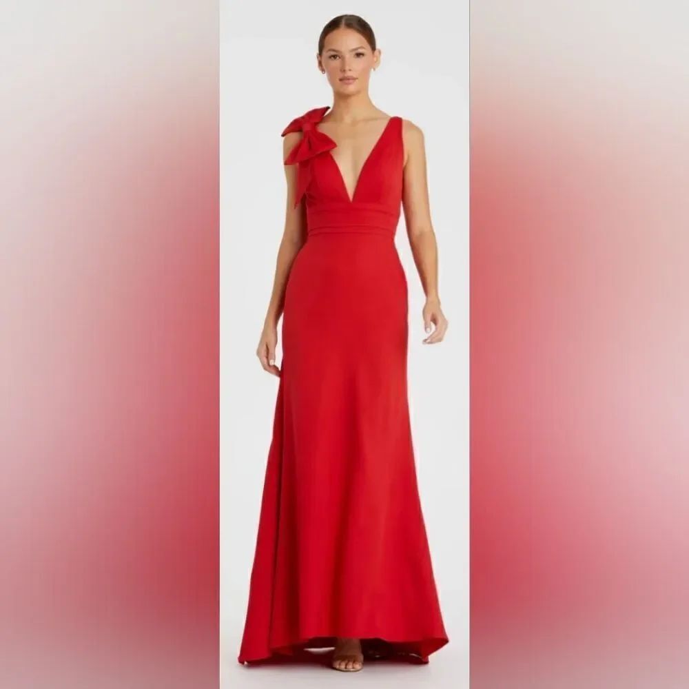 Mac Duggal 49454 Sleeveless V Neck Bow Detail Mermaid Gown NWOT size 14 Red